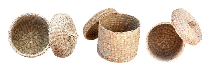 Different variants empty straw baskets isolated on white background. Wicker decor for bathroom top view