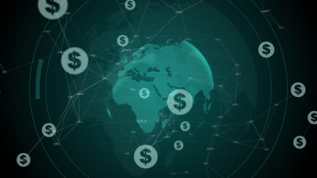 Coin symbols and holographic planet earth. International financial unit dollar. Looped animation on a green background.