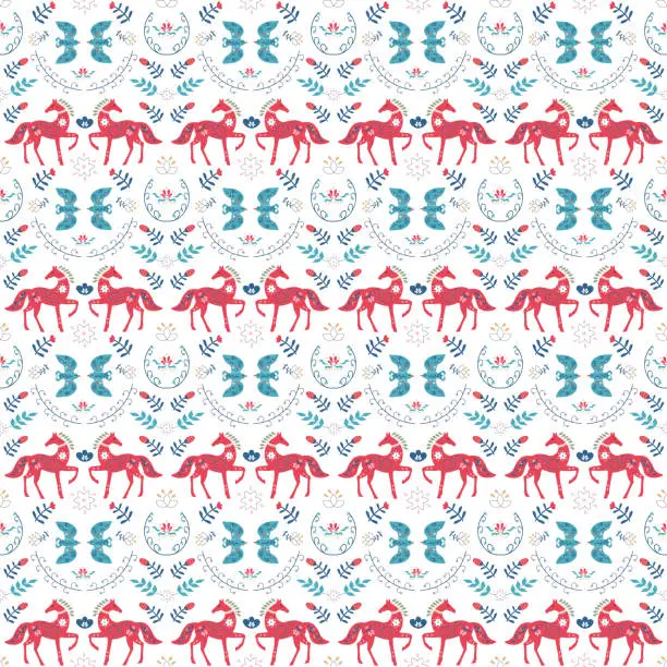 Vector illustration of Horses and birds. Ethnic damask pattern. Decorative plant plot of leaves and berries. Folk Scandinavian style. Seamless pattern. Vector.