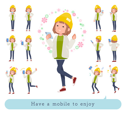 A set of casual fashion women to enjoy using a smartphone.It's vector art so easy to edit.