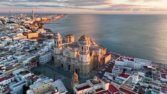 aerial view of old cathedral in Cadiz at sunset, Andalucia, Spain