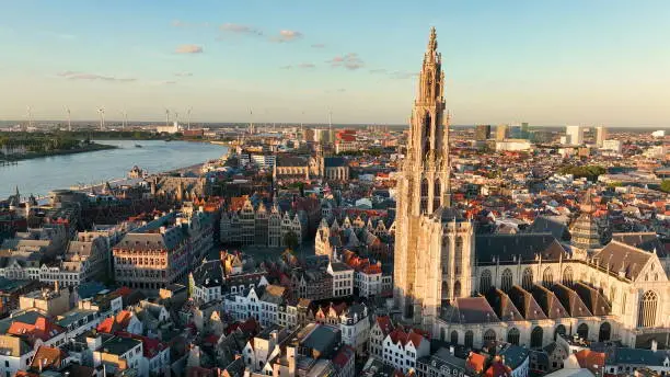 Photo of 4K Aerial view of cityscape of Antwerp, gothic style