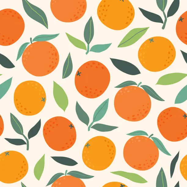 Vector illustration of Seamless pattern with citrus fruits and green leaves. Summer background with oranges. Modern trendy design for paper, cover, fabric. Vector illustration.