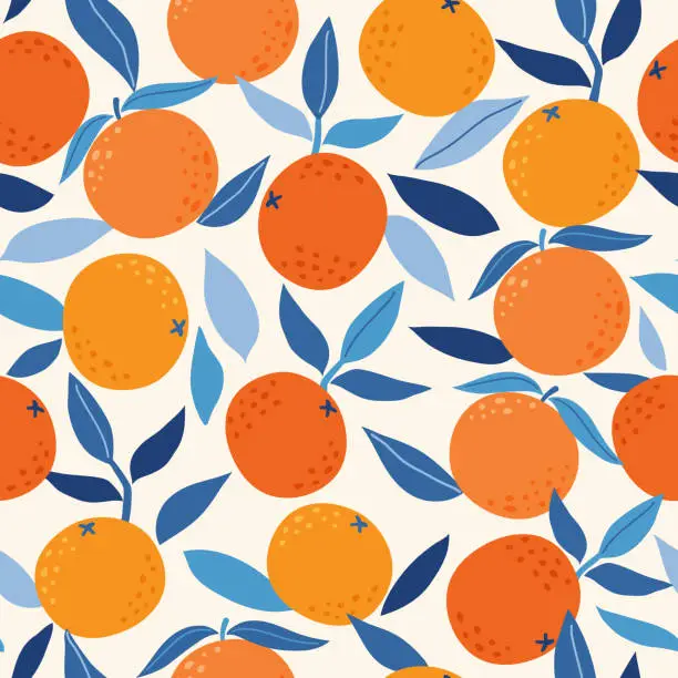 Vector illustration of Tropical seamless pattern with oranges. Fruit summer background. Vector bright modern abstract print for paper, cover, fabric.