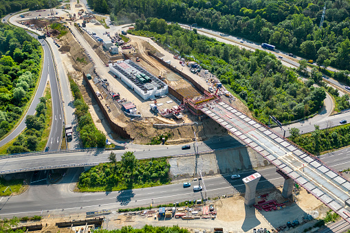 Construction site of a highway bridge. Aerial view
