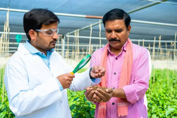 Photo of Indian agro scientist checking soil from famer hand at greenhouse using magnifying glass - concept of biotechnology, growth and cultivation