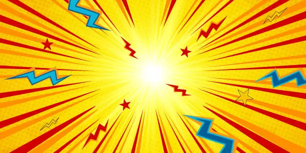 Vector illustration of abstract sun light rays vector illustration background with zapping lightning and halftone