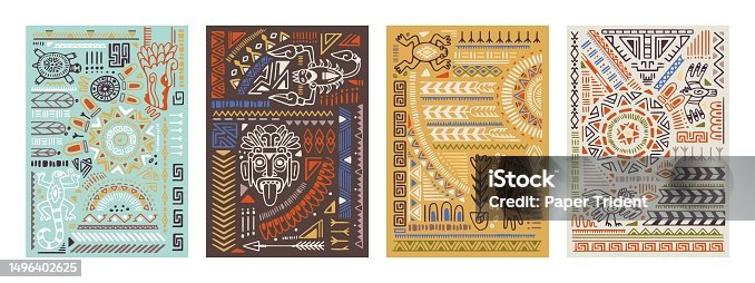 istock Ethnic backgrounds set with Aztec symbols, elements, abstract patterns, ancient mexican ornaments. Hand-drawn interior posters, cards, wall art in boho style. Flat graphic vector illustrations 1496402625