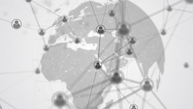 Icons of Internet users connected to global network by lines on blurred background of earth globe. Black and white looped animation. Social network connections.
