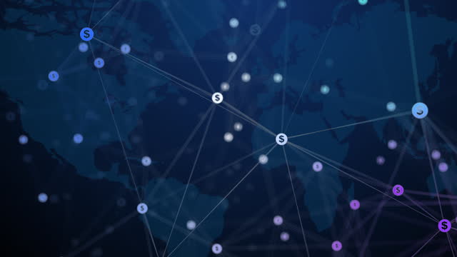 Abstract movement of dollar icons connected by lines on a dark blue world map background. Looped business animation with blurred geometric polygonal elements.