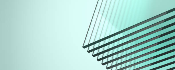 istock Wide angle abstract background with stack of flat green glass. Copy space. 3D rendering. 1496406344