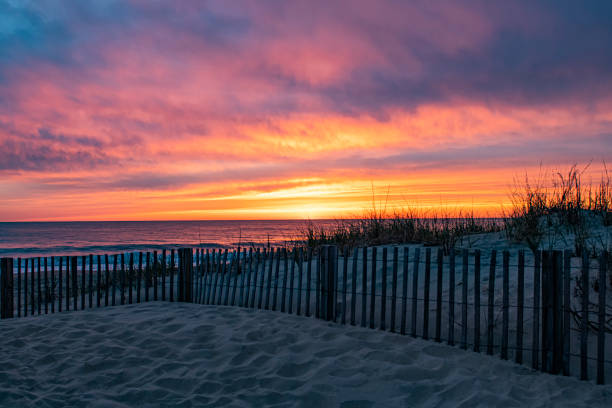 Sunrise over the beach access through the sand dunes – Ocean City, Maryland A colorful sunrise over the beach access path between the sand dunes in Ocean City, Maryland eastern shore sand sand dune beach stock pictures, royalty-free photos & images