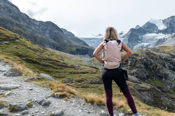 istock Female hiker looking at the beautiful panorama, glacier view 1496407043