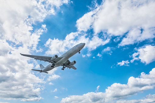 Commercial airplane flying in blue sky. Shoot in clear weather