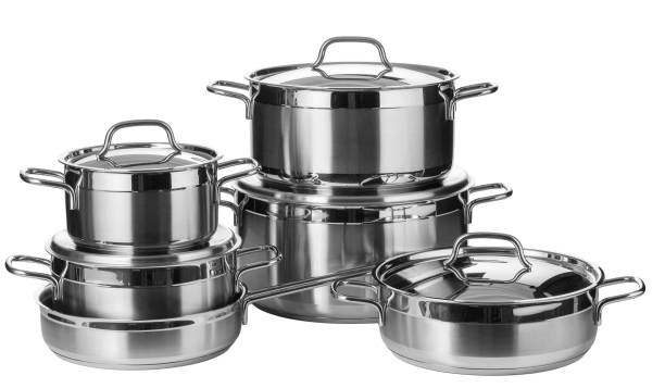 istock Set of stainless steel dishware isolated on white background 1496409761