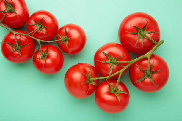 istock Flat lay composition with bunch of tomatoes on mint background. Space for text 1496411313