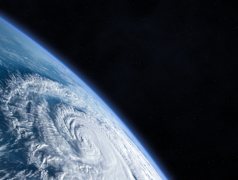 Amazing planet Earth, view from the space. Beautiful Earth and huge hurricane. Typhoon, tropical storm, cyclone, hurricane, tornado, over ocean. Weather background.  Elements of this image furnished by NASA. ______ Url(s): https://photojournal.jpl.nasa.gov/catalog/PIA17257   https://www.nasa.gov/image-feature/hurricane-florence-as-it-was-making-landfall-0