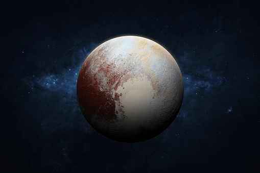 Pluto, galaxy and stars. View of Pluto - dwarf planet of the solar system. Galaxy, stars and planet Pluto. High resolution image. This image elements furnished by NASA. _____ Url(s): https://www.jpl.nasa.gov/images/pia03653-the-milky-way-center-aglow-with-dust https://photojournal.jpl.nasa.gov/catalog/PIA21061