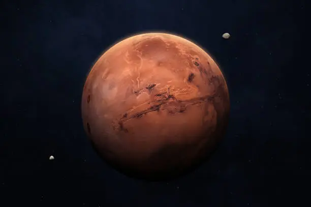 Planet Mars in the starry sky of solar system. Mars, Phobos and Deimos. Mars is a red planet of the solar system. High resolution image. Elements of this image furnished by NASA. ______ Url(s): https://www.nasa.gov/multimedia/imagegallery/image_feature_1378.html
https://photojournal.jpl.nasa.gov/catalog/PIA11826 https://photojournal.jpl.nasa.gov/catalog/PIA10368