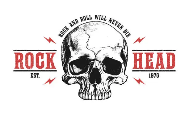 Vector illustration of Rock and roll t-shirt design with skull and slogan - rock head. Rock music tee shirt graphics with hand-drawn human skull. Vintage apparel print with grunge.