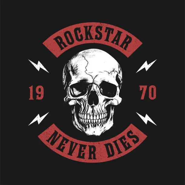 Vector illustration of Rock and roll t-shirt design with skull and slogan. Rock star tee shirt graphics with hand-drawn human skull. Vintage apparel print with grunge.