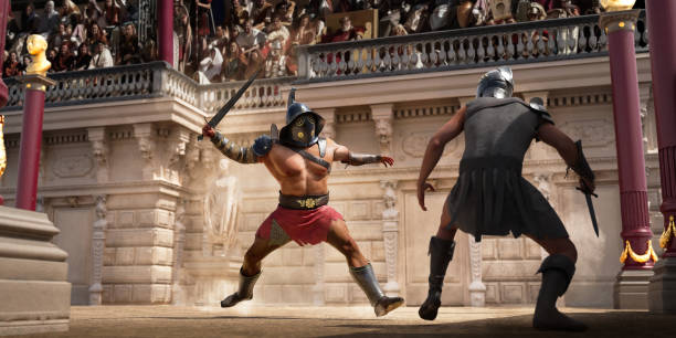 gladiatori corazzati in combattimento in un'arena illuminata dal sole - gladiator sword warrior men foto e immagini stock