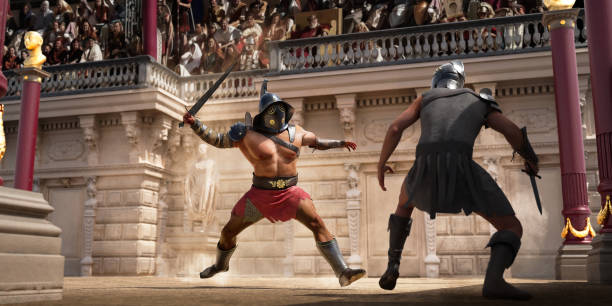 istock Armoured Gladiators in Combat In Sunlit Arena 1496417468