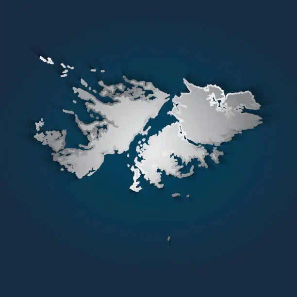 Vector illustration of Falkland Islands map metallic silver with chrome,  shine gradient on dark blue background.