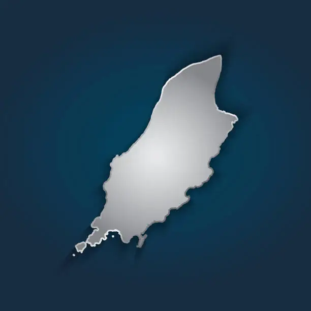 Vector illustration of Isle of Man map metallic silver with chrome,  shine gradient on dark blue background.