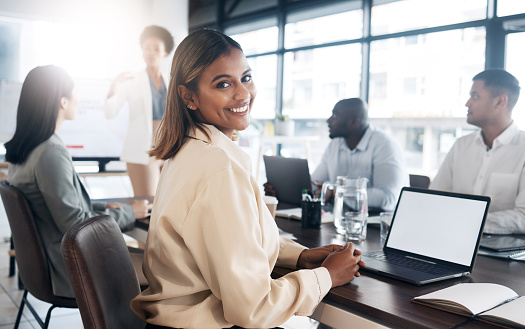 Business woman in portrait in office meeting with career mindset for online planning on laptop screen mockup for workshop. Face of professional indian person or employee on computer in job conference