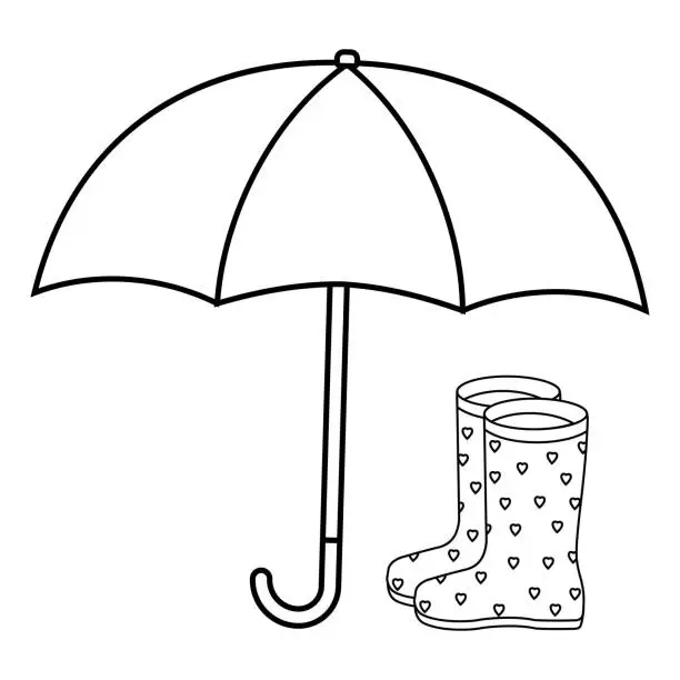 Vector illustration of Coloring page for kids with rubber boots and umbrella. A printable worksheet, vector illustration.