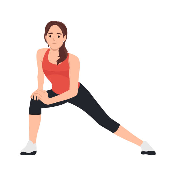 股関節屈筋を行う女性は、堅さを解放し、あなたの腰に柔軟性を得るために広がっています。 - flexing muscles illustrations点のイラスト素材／クリップアート素材／マンガ素材／アイコン素材