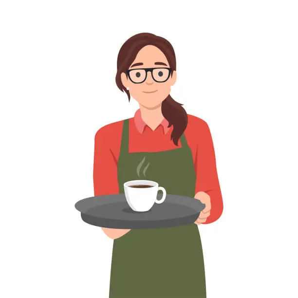 Vector illustration of Young caucasian waitress holding a tray with two cups of tea or coffee and a glass of water. Waitress standing with a tray with cups of hot coffee