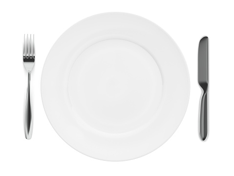 Knife, fork and plate isolated on white background. Empty dinner plate. Tableware. 3d illustration.