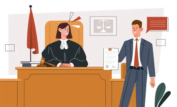 Vector illustration of Lawyer with certificate in court concept