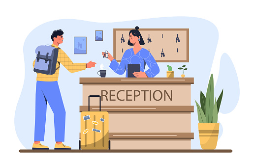 Man and woman at reception. Tourist in hotel talking to staff. Young guy with backpack and suitcase. Lobby Desk worker give room key to guest. Cartoon flat vector illustration