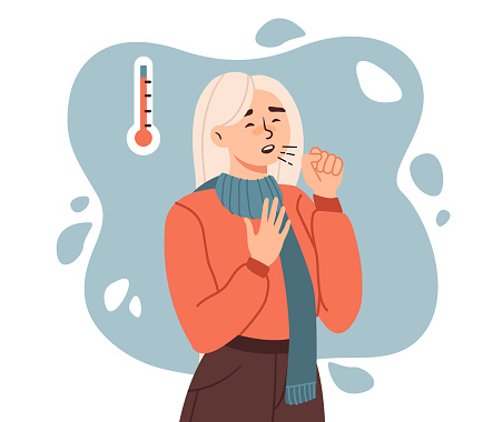Sick woman with cold and flu concept. Young girl coughs next to thermometer. Character suffering from illness. Fever and viral diseases, coronavirus. Cartoon flat vector illustration