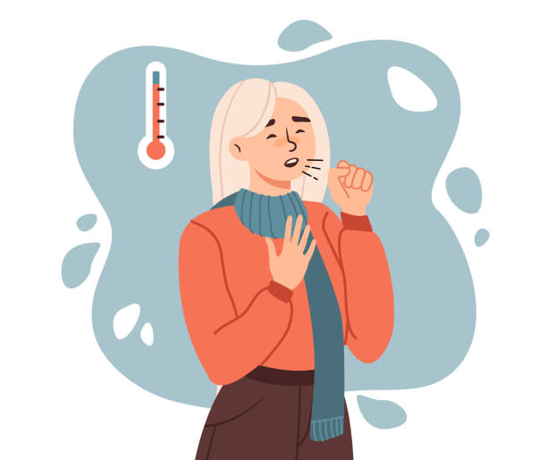 sick woman with cold and flu concept - 咳嗽 插圖 幅插畫檔、美工圖案、卡通及圖標