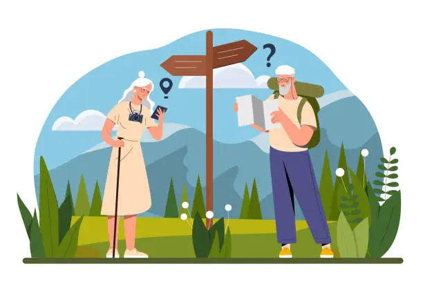 Vector illustration of Older tourists with roadsigns concept