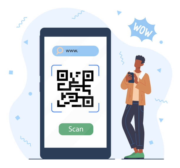Man scan QR code vector concept Man scan QR code vector concept. Young guy with smartphone. Online shopping, cashless payment. Shortened link and page address. Barcode and QRcode reader. Cartoon flat illustration qr barcode generator stock illustrations