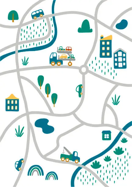 Vector illustration of Cute road map for kid's room.