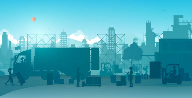 City warehouse. Workers are working in a warehouse with a blue background. mark goodson screening room stock illustrations