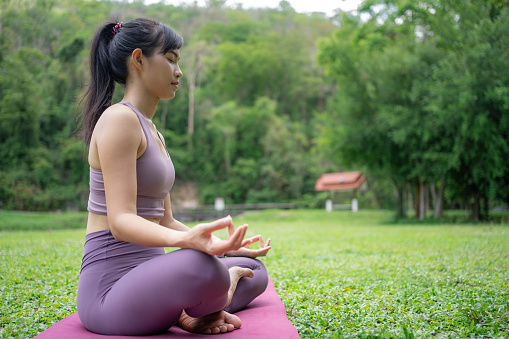 Asian woman in workout uniform practice Yoga Concentrate in a nature.