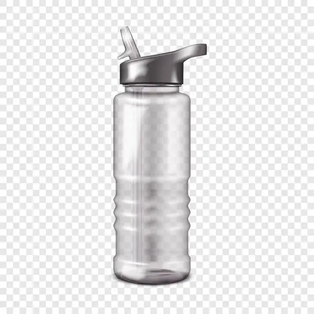 Vector illustration of Blank empty clear plastic water bottle with flip-up sip lid and straw vector mock-up. Reusable travel sport flask on transparent background realistic mockup