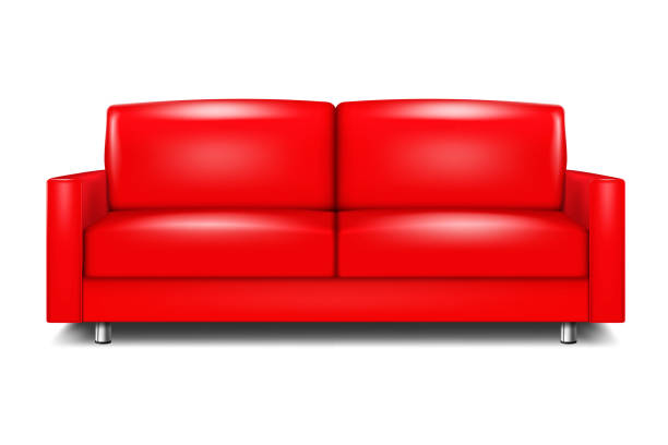 istock Color modern sofa. Red leather couch with metal legs. Settee with cushions. Realistic vector illustration 1496430263