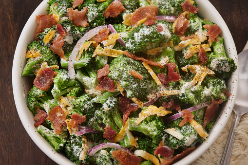 Creamy Broccoli and Bacon Salad with Spanish Onions