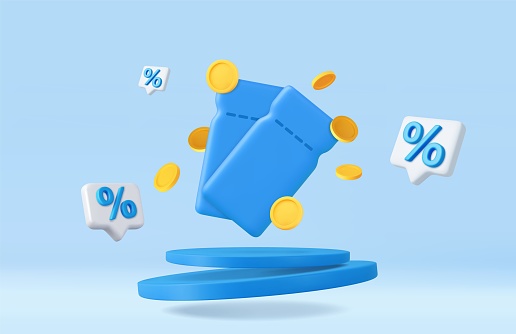 3d coupon with coins in blue podium background. Voucher card cash back template design with coupon promotion. 3d rendering. Vector illustration