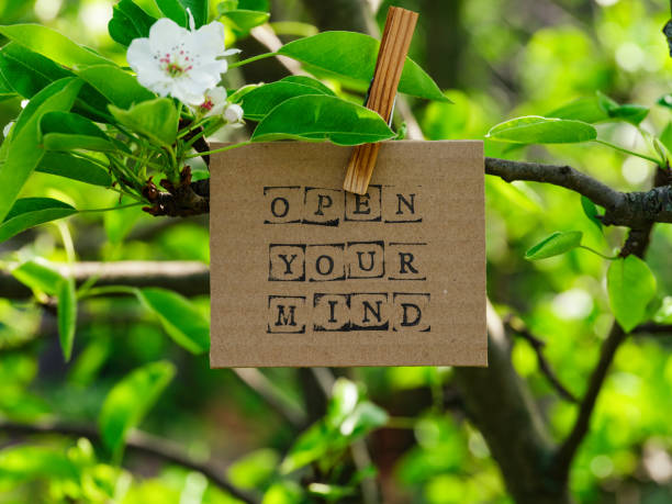 istock Piece of cardboard with words Open Your Mind on it hanging on a pear tree branch with blossoms and leaves using a wooden clothespin. 1496433960