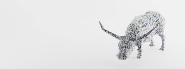 Stylized dollar wrapped bull figure standing on a white background.