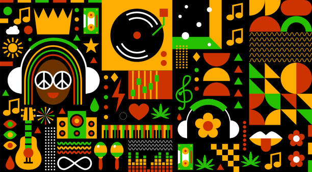 ilustraciones, imágenes clip art, dibujos animados e iconos de stock de antecedentes rastafaris. diseño de música reggae para fiesta reggae, festival, emisora de radio o bar rastafari. festival de música al estilo jamaicano. diseño plano simple para evento de reggae - imagenes reggae